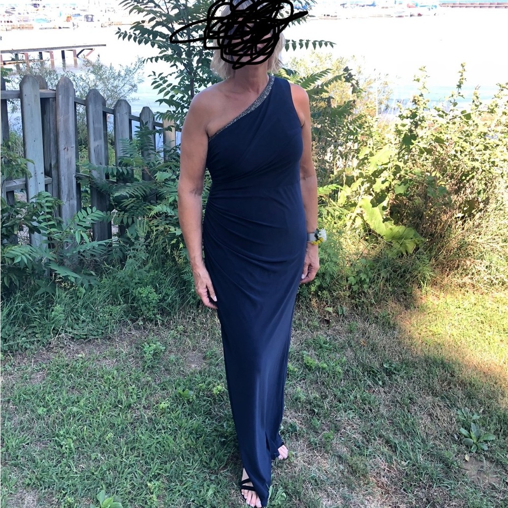 Navy blue MOB dress trimmed with sparkly stones.